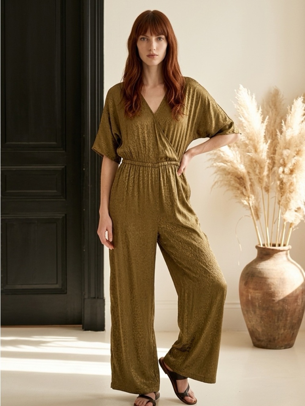 Maeve Olive Green Surplice Wide-Leg Jumpsuit